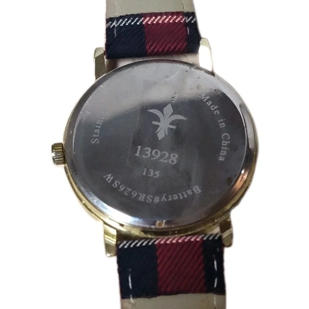 Mens Watch Gold Tone White Fleur De Lis Dial Red Black Plaid Fabric Strap Quartz